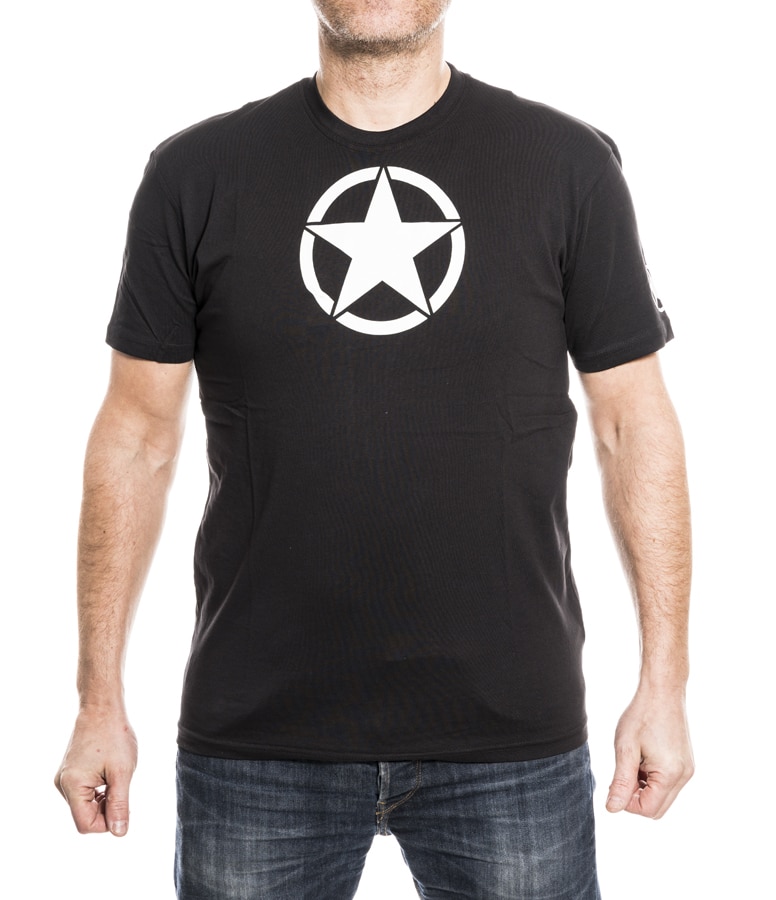 White Star T-Paita Musta, tyylikäs perusmallinen t-paita, rintaa ja vasenta hihaa koristaa iso valkoinen tähtiprintti, jenkkiarmeijan logo